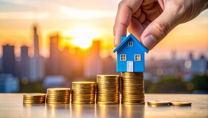 hand holding a miniature house on top of a growing pile of gold coins, a growth graph, with a cityscape in the background. Concept of property investment, finance, economic growth and future.