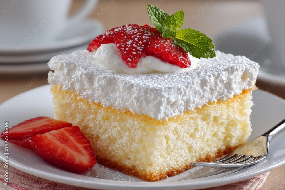 Poster delicious slice of fluffy cake topped with strawberries and cream served on a white plate in a cozy 