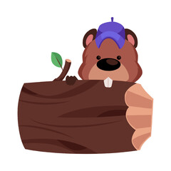 Beaver in a blue cap gnawing on a thick tree trunk. Cartoon rodent. © sabelskaya