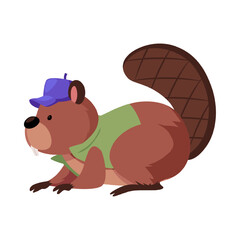 Vector illustration of cute beaver in cap and vest.
