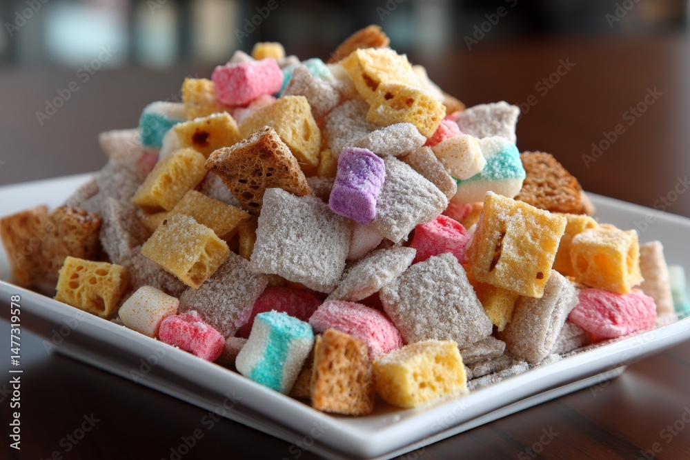 Poster colorful candy display with a variety of shapes and textures arranged on a white plate in a cozy set