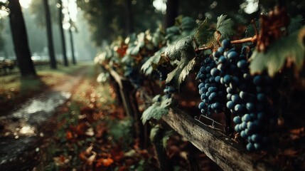 Dark blue grapes on wooden crates in forest