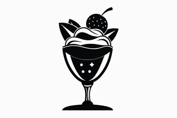 Elegant Black Dessert Sundae with Cream and Berry Topping Illustration for Menus