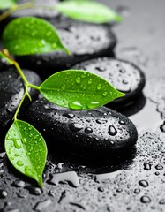 Smooth black spa stones with water drops and fresh green leaves. Concept of relaxation, balance, health and body care.