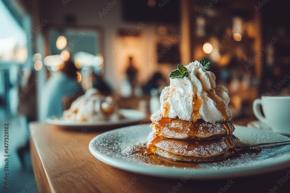Poster fluffy pancakes topped with whipped cream and syrup served in a cozy cafe setting during brunch hour