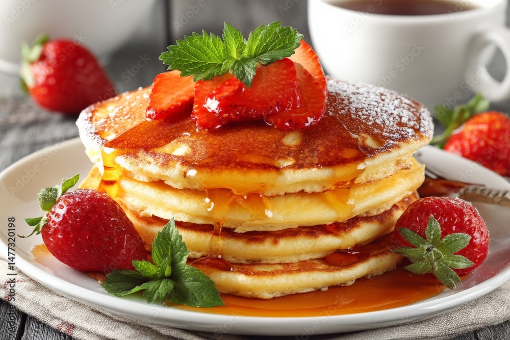 Poster delicious stack of fluffy pancakes topped with fresh strawberries and syrup served with coffee in a 