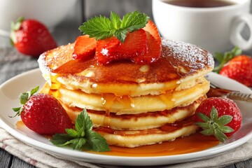 Delicious stack of fluffy pancakes topped with fresh strawberries and syrup served with coffee in a cozy setting