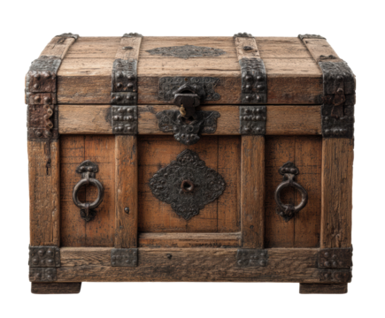 Vintage wooden treasure chest with metal accents for decor on a transparent background, cut out