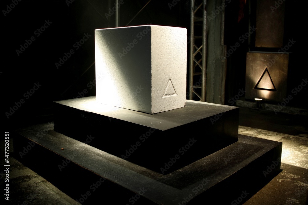 Aufkleber minimalist white sculpture illuminated in a dark gallery space creating a dramatic contrast during a