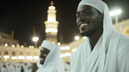 A photo of two friends smiling in white ihram garments while walking around the Kaaba at night