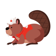 Cute beaver dressed in vest and baseball cap decorated with Canadian flag maple leaf, vector cartoon wild rodent animal