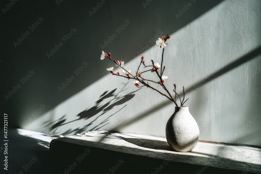 Poster beautiful branch with blossoms in a minimalist vase illuminated by natural light in a serene indoor 