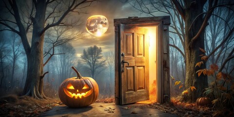 Obraz premium Enchanted Autumnal Scene Illuminated Jack-o'-lantern beside an open door revealing a mystical, moonlit forest path