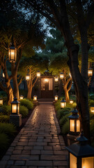 A cobblestone path lined with glowing lanterns winds through a garden of sculpted trees, leading to a warmly lit doorway at twilight.