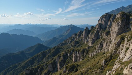 Majestic mountain landscape aerial view rugged peaks and green slopes under a bright blue sky nature scenery background