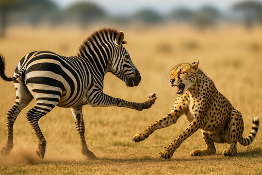 Intense zebra and cheetah confrontation on african savanna