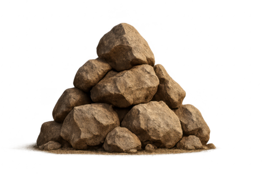 Pile of stacked rocky boulders on dirt in natural setting