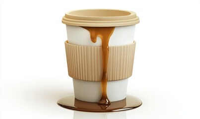 Spilled coffee in disposable cup, white background, studio shot, for websites or food blogs