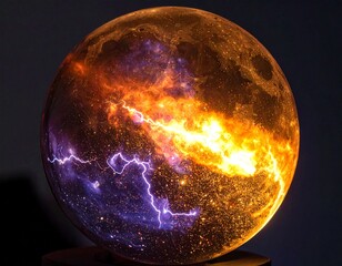 A glass sphere with inside fire, lightning and universe dust