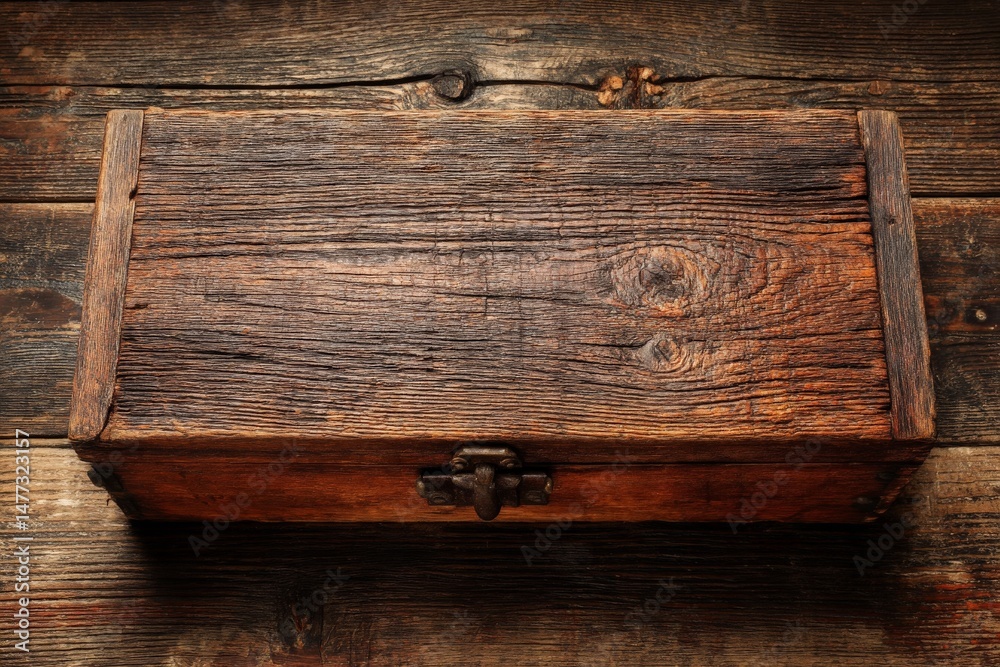 Poster rustic wooden box placed on a weathered wooden surface, showing unique textures and craftsmanship de
