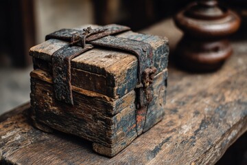 Antique wooden box with rusty metal strap on rustic table in an old workshop environment