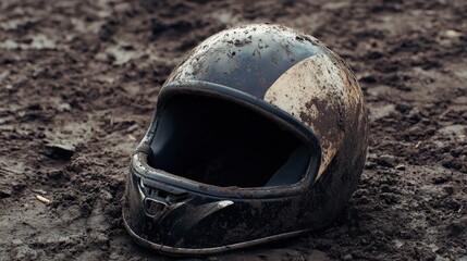 A Close-Up View of a Dirt-Covered Motorcycle Helmet Resting on Muddy Ground, Symbolizing Adventure, Risk, and the Thrill of Off-Road Riding in Nature's Wild Environment