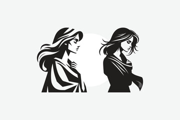 A stylized black-and-white illustration of a young woman standing thoughtfully