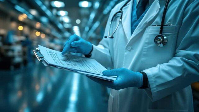 A dedicated medical expert, attired in a pristine white coat and accompanied by a stethoscope, focuses intently on critical documents within a hospital setting.
