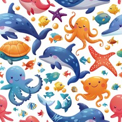 seamless pattern of cute cartoon fish, jellyfish, starfish, and sea plants, bright pastel colors, underwater world theme