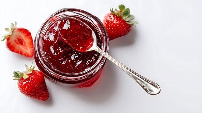 Strawberry Jam with Spoon and Fresh Strawberries on White Background