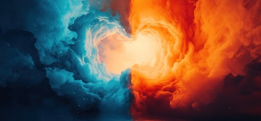 Obraz premium Abstract cosmic cloudscape, fiery orange and cool blue swirling, bright center, for fantasy, spirituality