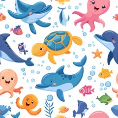 Obraz premium seamless pattern of cute cartoon fish, jellyfish, starfish, and sea plants, bright pastel colors, underwater world theme