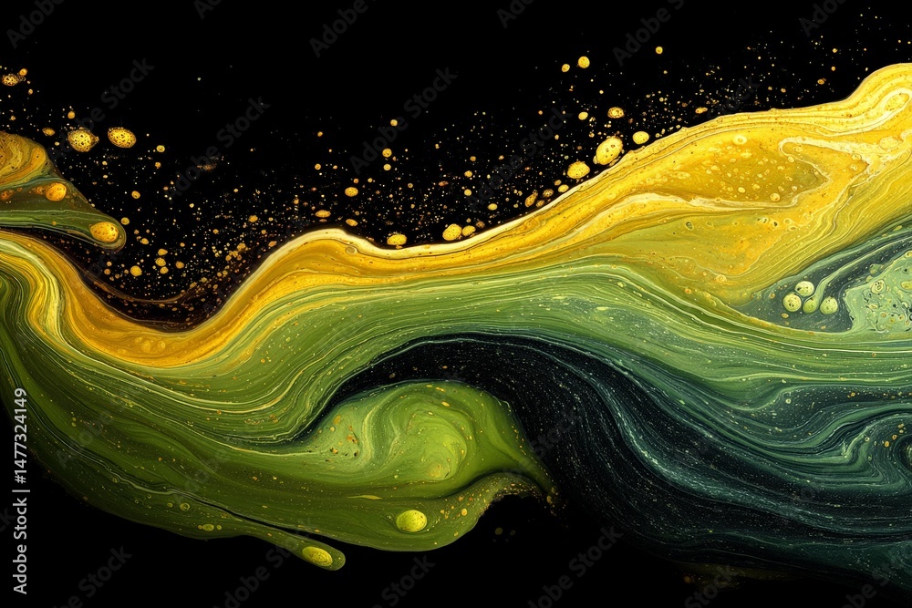 Aufkleber colorful abstract swirl with vibrant greens and yellow tones on a black background representing flui