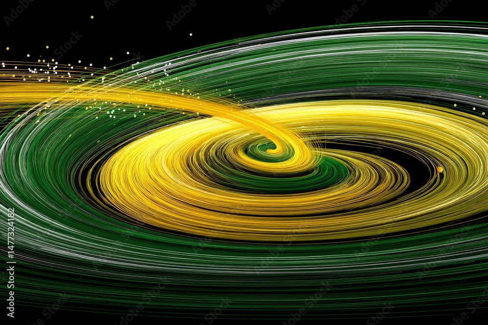 Poster Dynamic swirl of green and yellow light elements creating a mesmerizing cosmic effect in a dark background