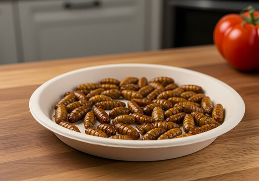Roasted insects on white plate
