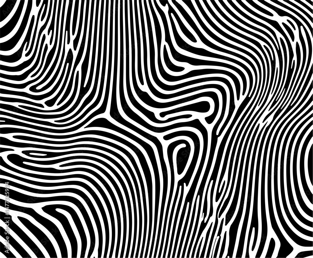Aufkleber Psychedelic 70s style vector illustration in black and white. Flowing, abstract wavy lines create a dynamic, hypnotic visual effect, perfect for retro designs, posters, or backgrounds.

