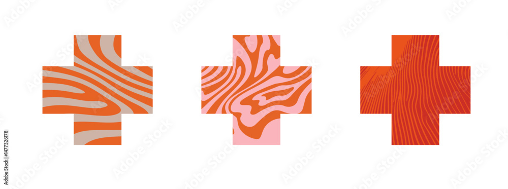 Poster Three vector crosses feature vibrant, fluid abstract patterns in orange and pink tones. The style is modern 