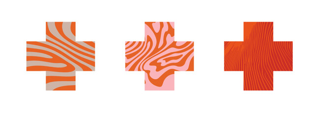 Obraz premium Three vector crosses feature vibrant, fluid abstract patterns in orange and pink tones. The style is modern 