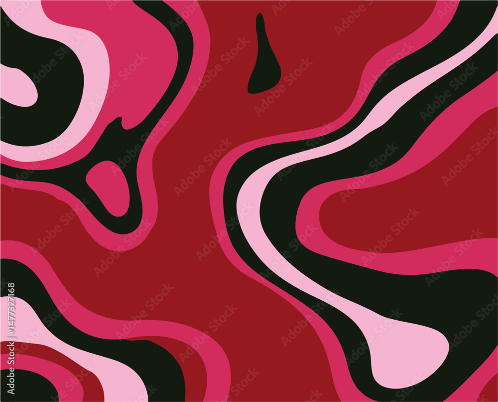 Poster this vector illustration features abstract, flowing shapes in red, pink, and black. created in a bol