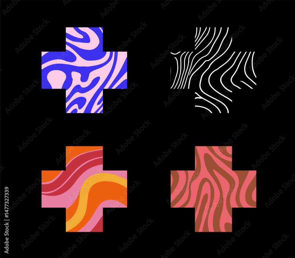 Poster vector illustration featuring cross shapes, each filled with different colorful and wavy abstract pa