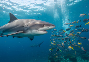 Fototapeta premium Shark surrounded by fish in underwater scene