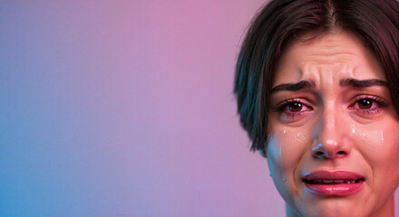 Young woman crying during speech with emotional expression in studio  