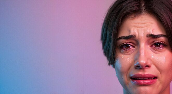 Young woman crying during speech with emotional expression in studio  