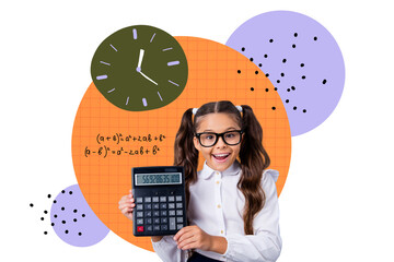 3D photo collage trend sketch template artwork of smart young girl hand hold calculator count maths...