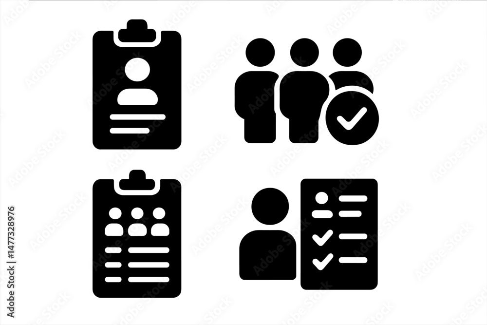 Poster vector icon set depicting profiles, groups, and checklists for user management and verification proc