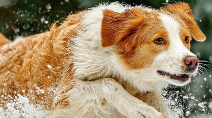 Dog running through snow