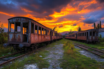 Fototapeta premium Rusty train carriages at sunset, vibrant sky, abandoned railway line, evocative atmosphere.