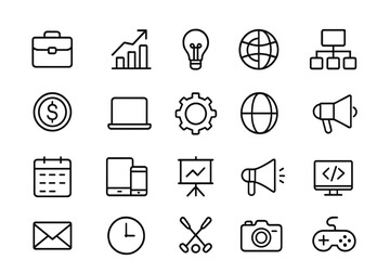 Vector icon collection depicting business, technology, and communication elements for modern applications