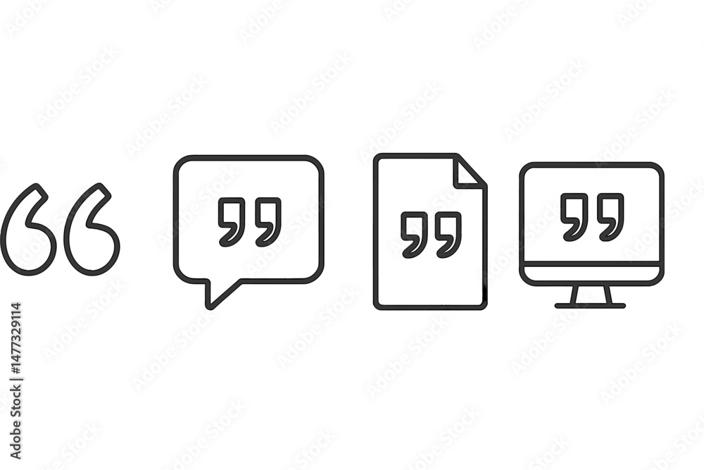 Poster vector icon set representing quotation marks in different formats for communication, documentation, 