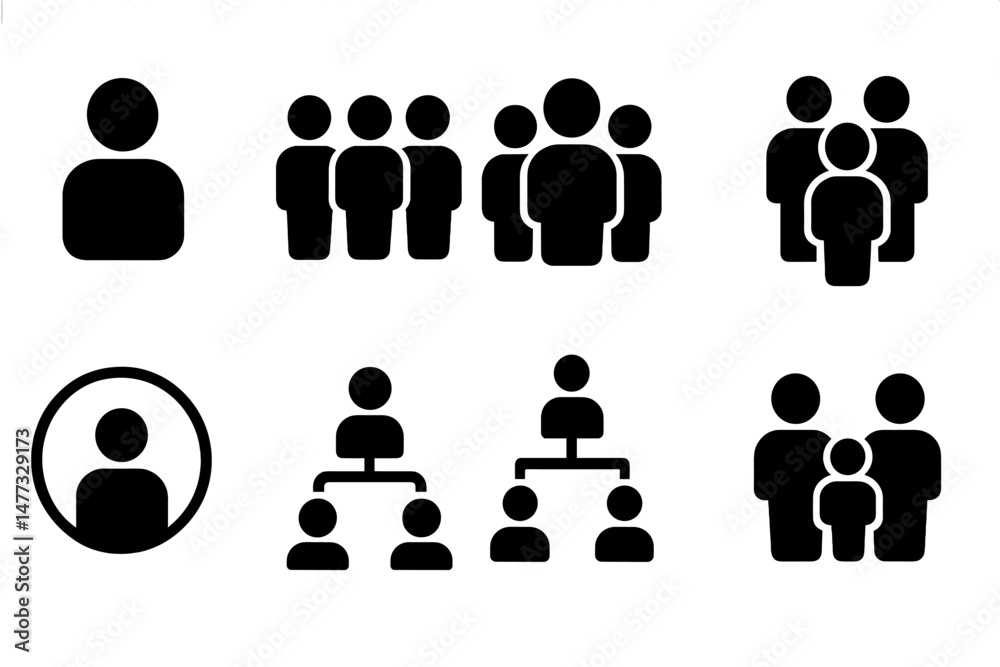 Poster vector icons representing various group dynamics and individual representations for design and commu